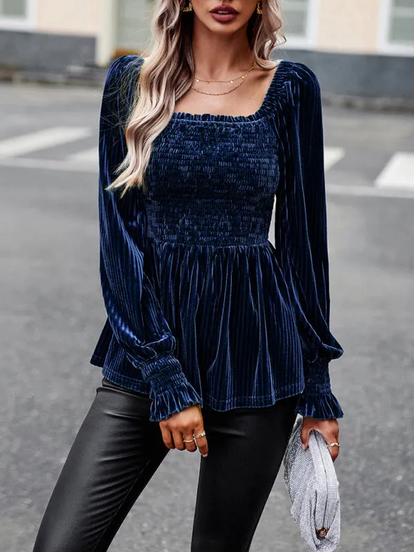 Velvet Blouse with Dramatic Lantern Sleeves, Smocked & Ruffle Cuffs