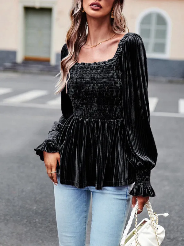 Velvet Blouse with Dramatic Lantern Sleeves, Smocked & Ruffle Cuffs