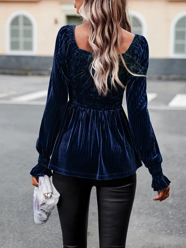 Velvet Blouse with Dramatic Lantern Sleeves, Smocked & Ruffle Cuffs