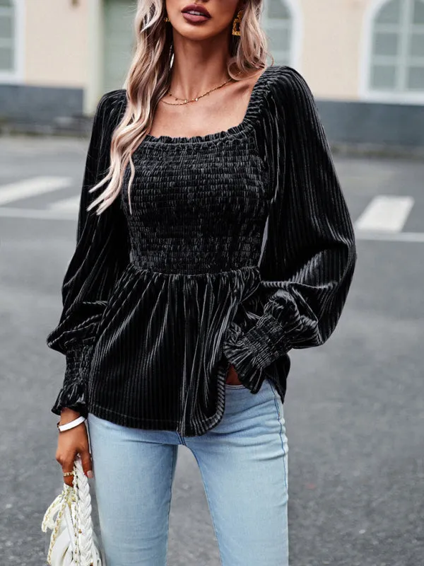 Velvet Blouse with Dramatic Lantern Sleeves, Smocked & Ruffle Cuffs