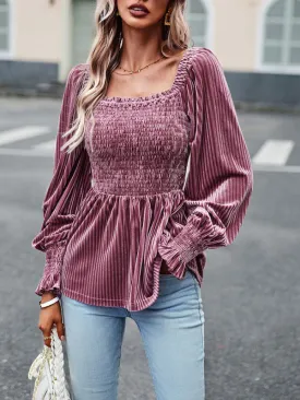 Velvet Blouse with Dramatic Lantern Sleeves, Smocked & Ruffle Cuffs