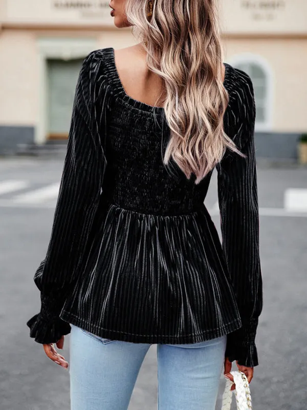 Velvet Blouse with Dramatic Lantern Sleeves, Smocked & Ruffle Cuffs