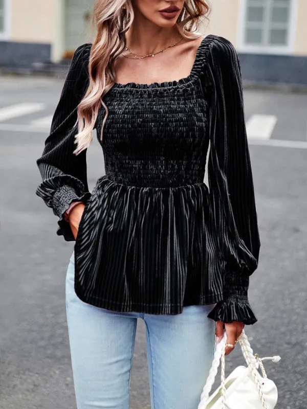 Velvet Blouse with Dramatic Lantern Sleeves, Smocked & Ruffle Cuffs