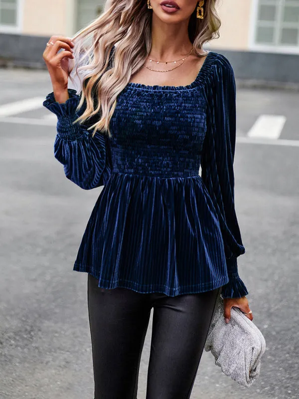 Velvet Blouse with Dramatic Lantern Sleeves, Smocked & Ruffle Cuffs