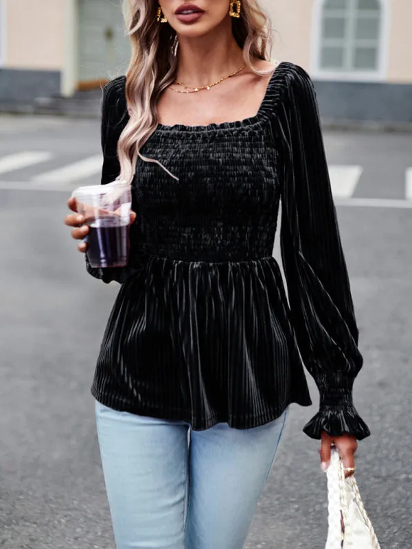 Velvet Blouse with Dramatic Lantern Sleeves, Smocked & Ruffle Cuffs