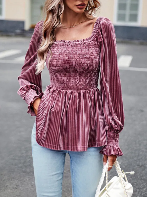 Velvet Blouse with Dramatic Lantern Sleeves, Smocked & Ruffle Cuffs