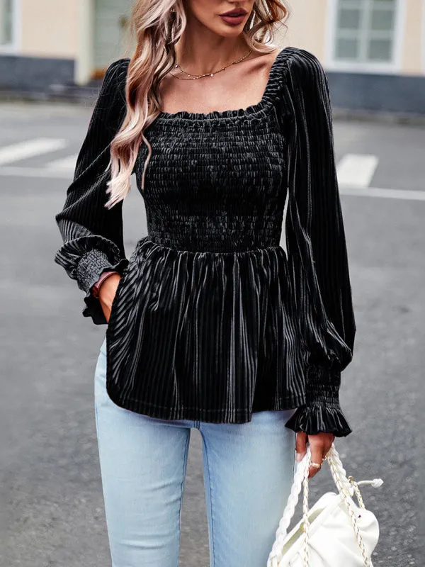 Velvet Blouse with Dramatic Lantern Sleeves, Smocked & Ruffle Cuffs