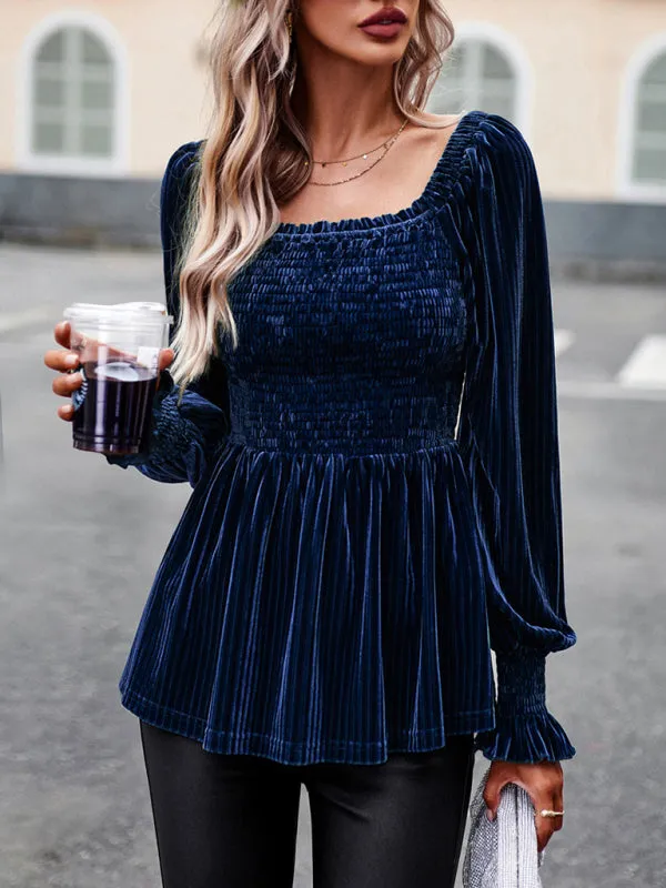 Velvet Blouse with Dramatic Lantern Sleeves, Smocked & Ruffle Cuffs