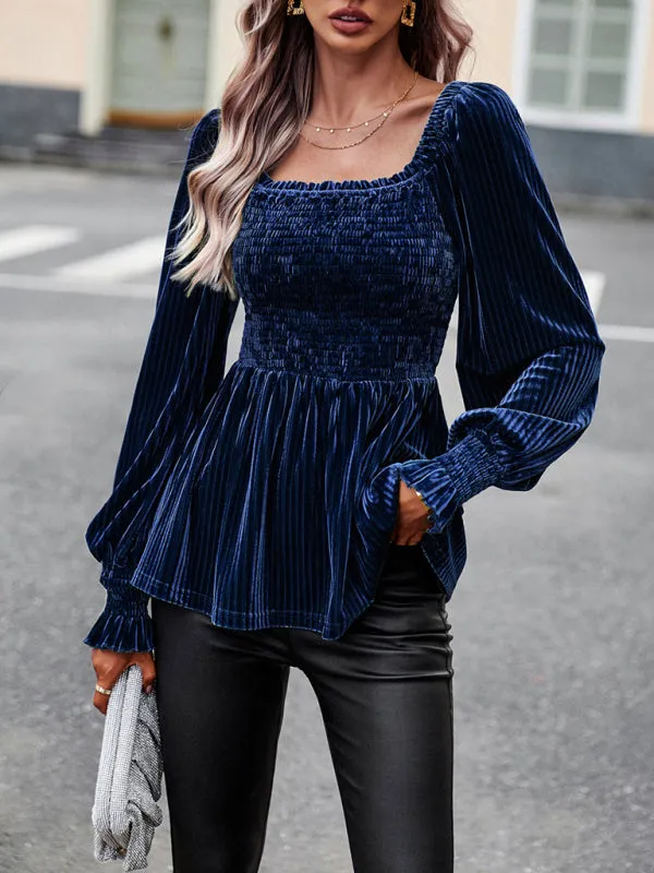 Velvet Blouse with Dramatic Lantern Sleeves, Smocked & Ruffle Cuffs