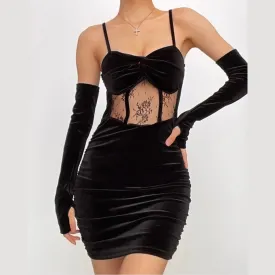 Velvet gloves ruched mesh backless cami mini dress