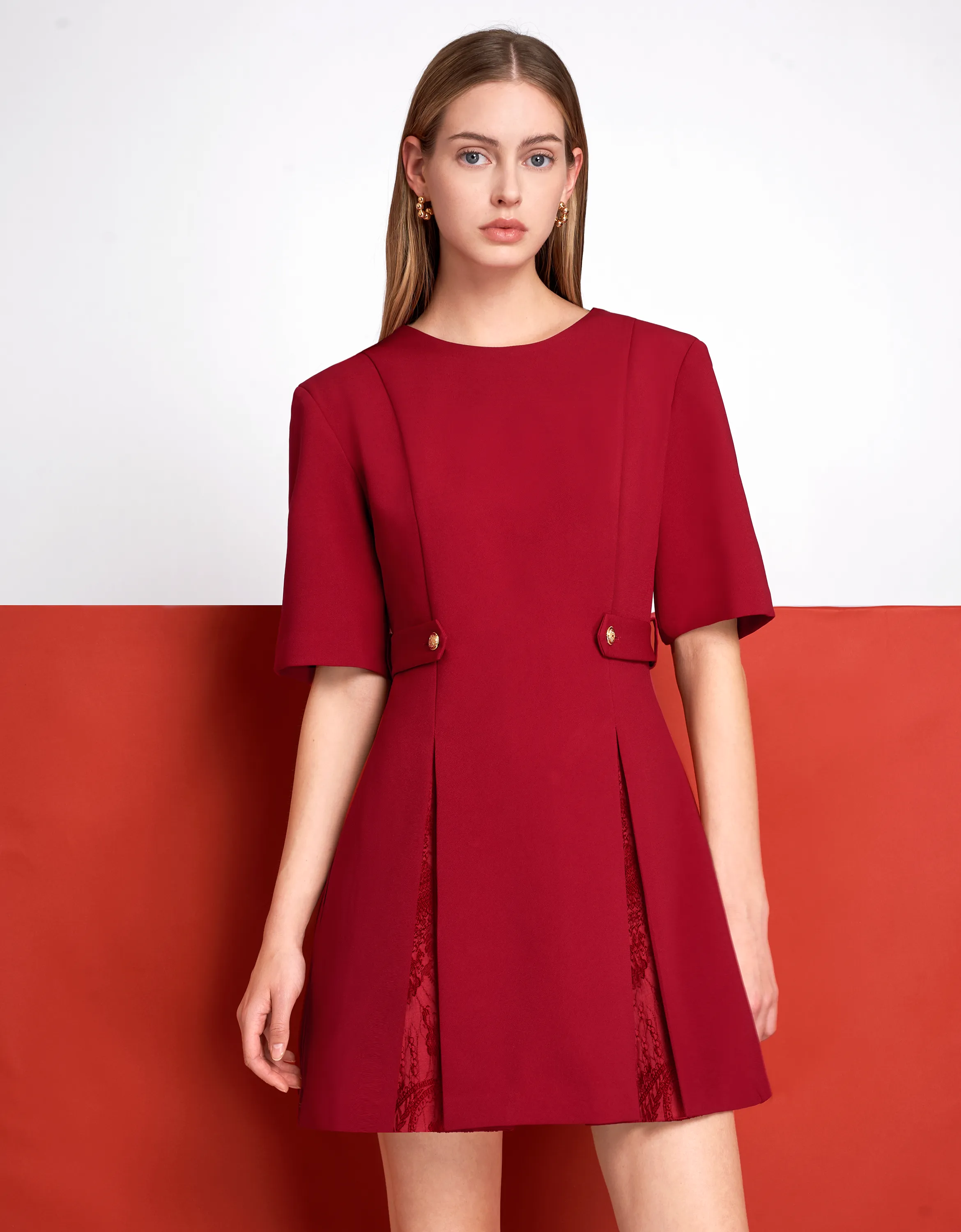 Waist Tab Pleated A-line Dress