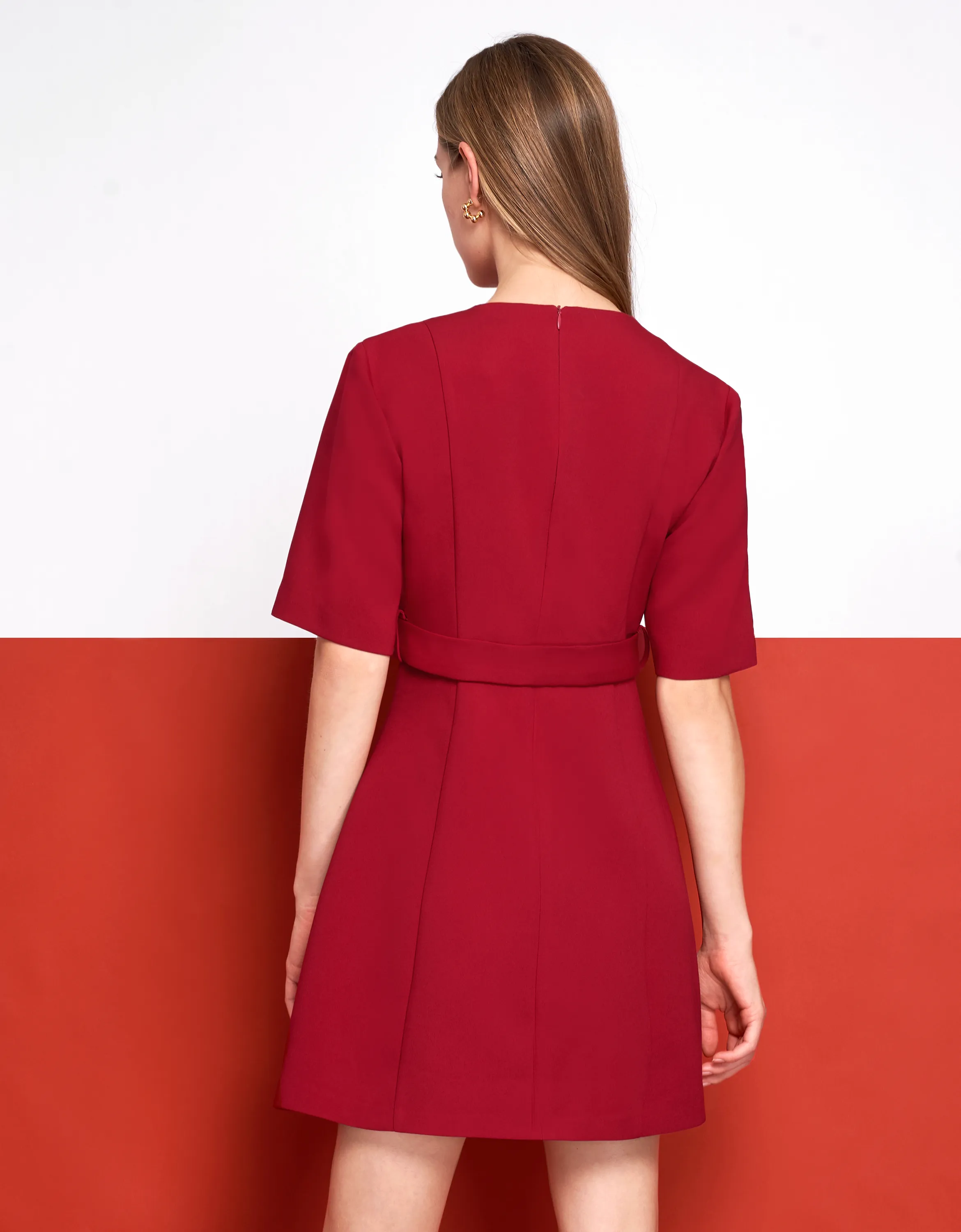 Waist Tab Pleated A-line Dress
