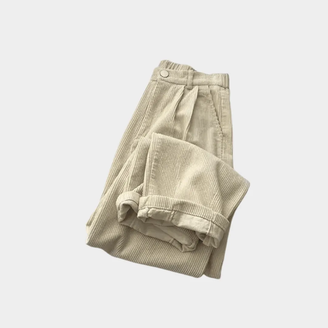 Womens High Waist Corduroy Pants - Retro Baggy Thick Warm Trousers, Khaki, Black, Apricot