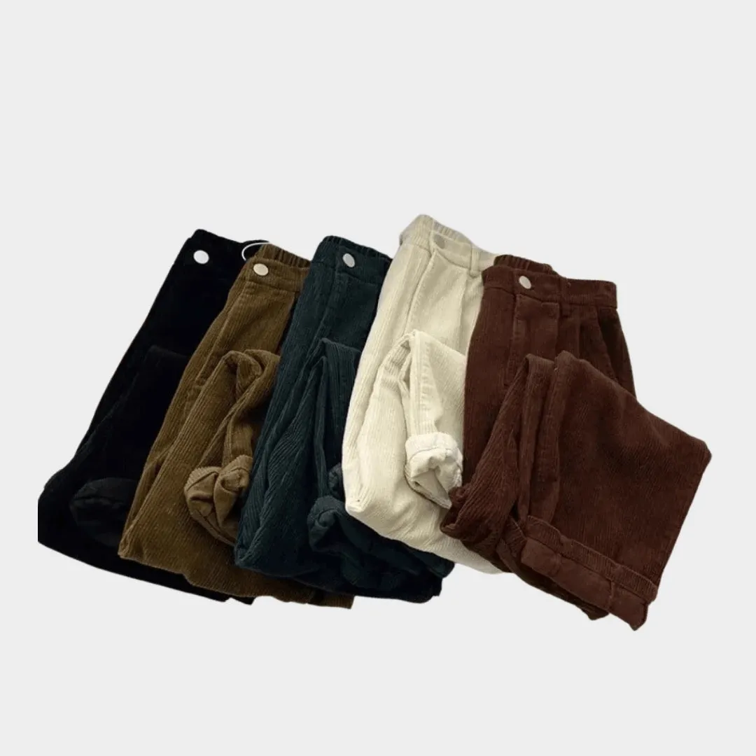 Womens High Waist Corduroy Pants - Retro Baggy Thick Warm Trousers, Khaki, Black, Apricot