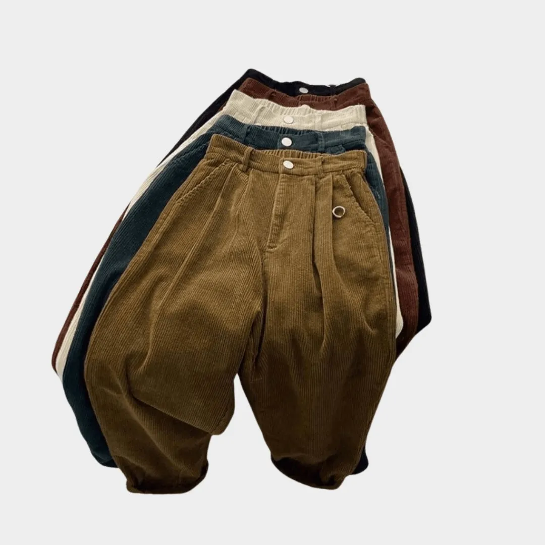 Womens High Waist Corduroy Pants - Retro Baggy Thick Warm Trousers, Khaki, Black, Apricot