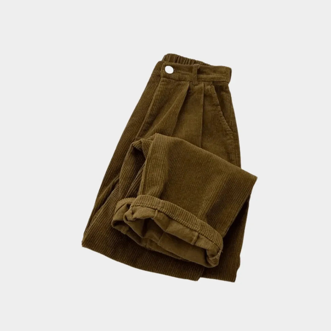 Womens High Waist Corduroy Pants - Retro Baggy Thick Warm Trousers, Khaki, Black, Apricot