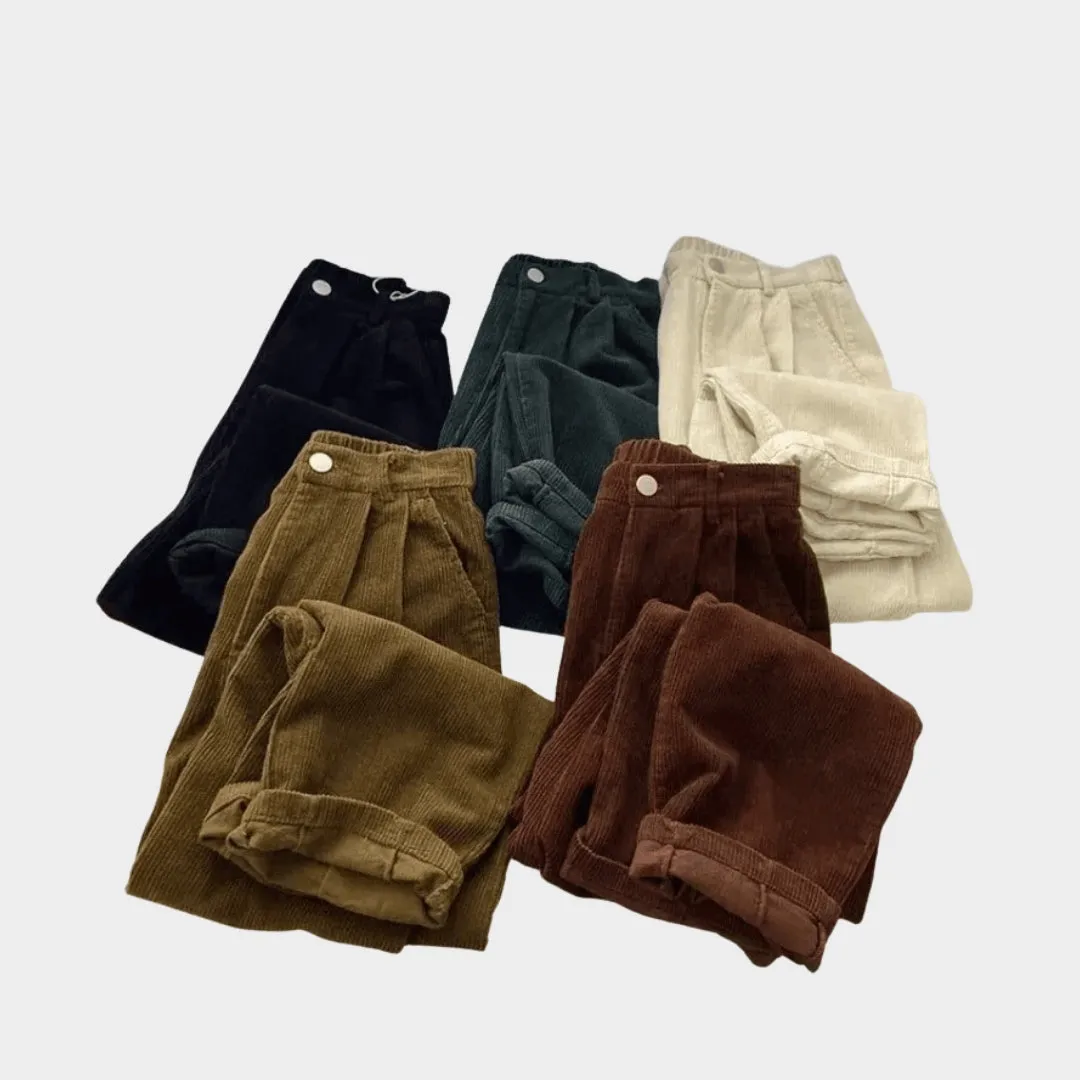 Womens High Waist Corduroy Pants - Retro Baggy Thick Warm Trousers, Khaki, Black, Apricot