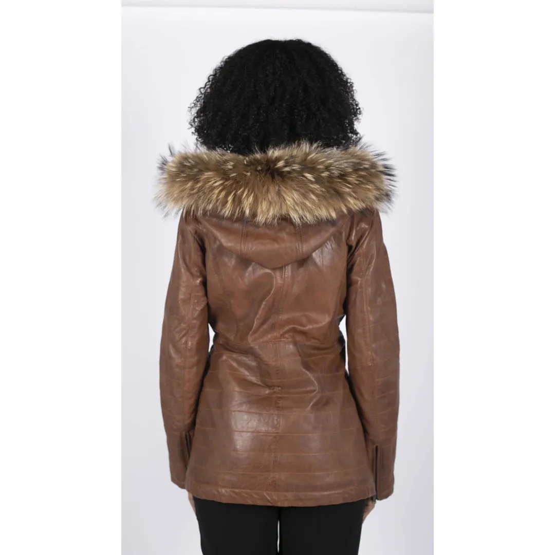 Women's Leather Parka Jacket 3/4 Fur Hood Zipped Brown Tan Grey