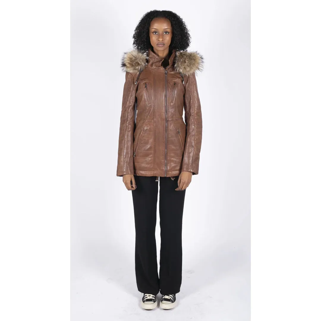 Women's Leather Parka Jacket 3/4 Fur Hood Zipped Brown Tan Grey