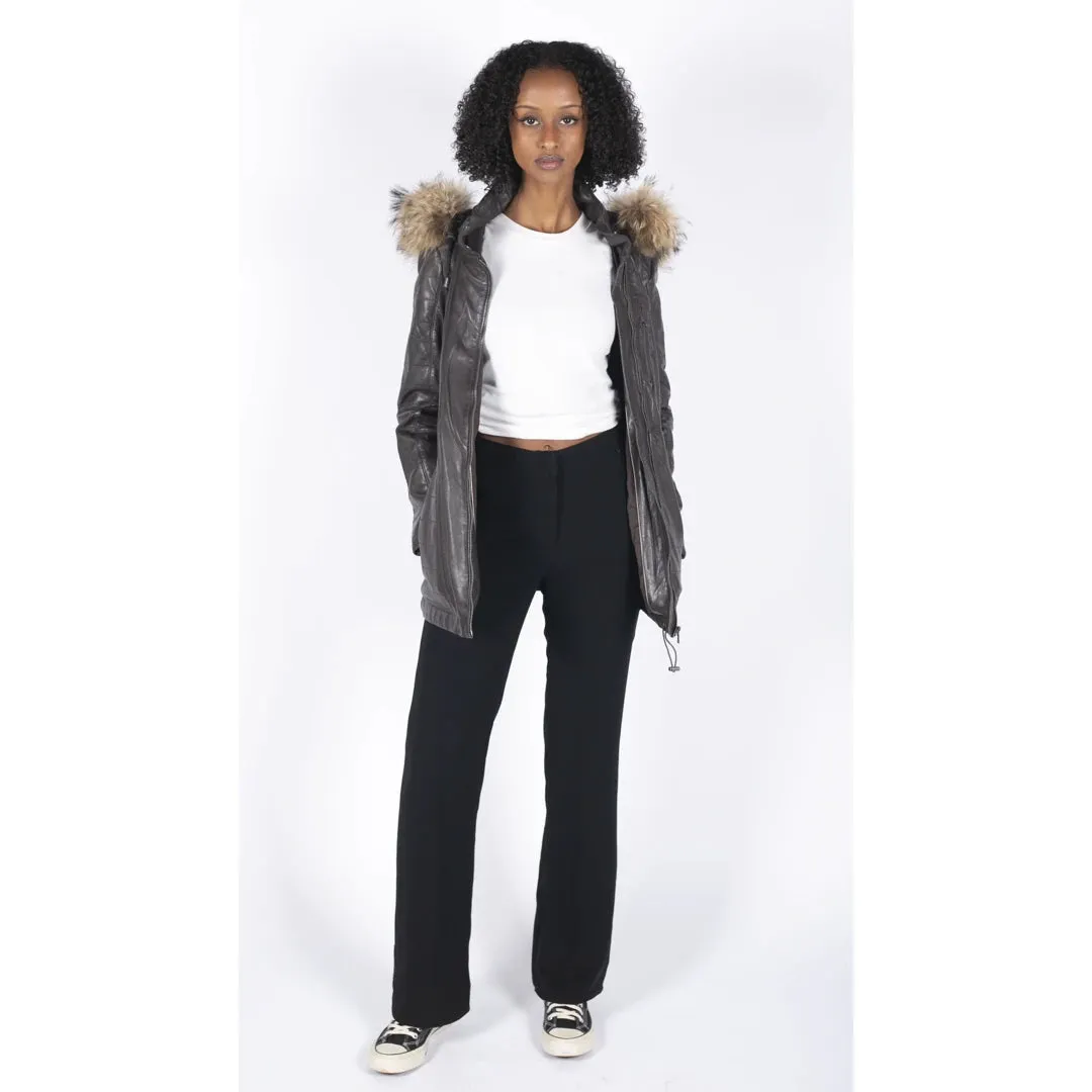 Women's Leather Parka Jacket 3/4 Fur Hood Zipped Brown Tan Grey