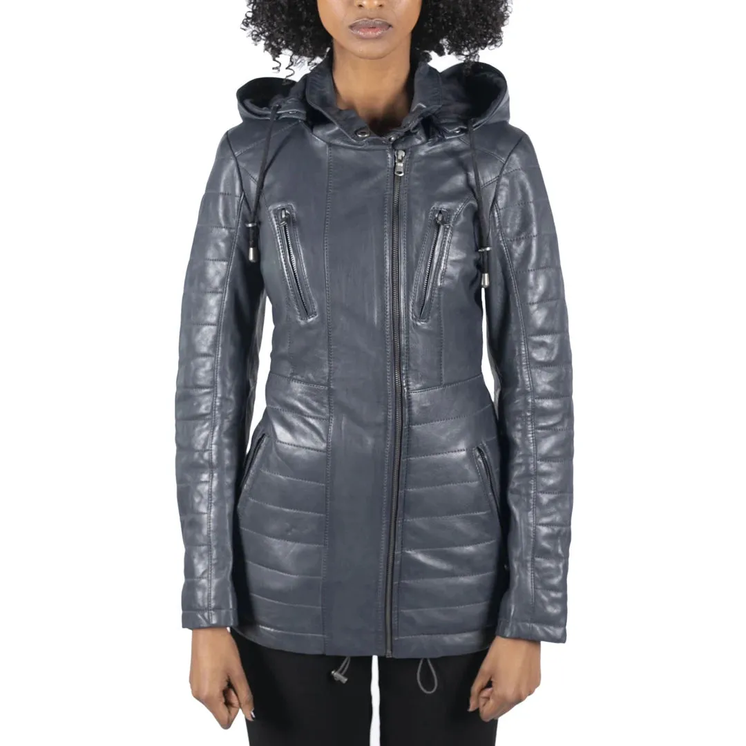 Women's Leather Parka Jacket 3/4 Fur Hood Zipped Brown Tan Grey