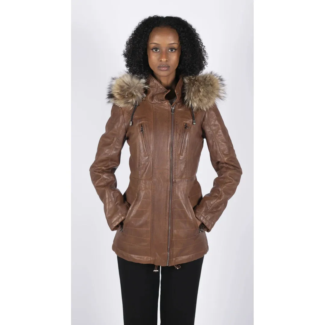 Women's Leather Parka Jacket 3/4 Fur Hood Zipped Brown Tan Grey