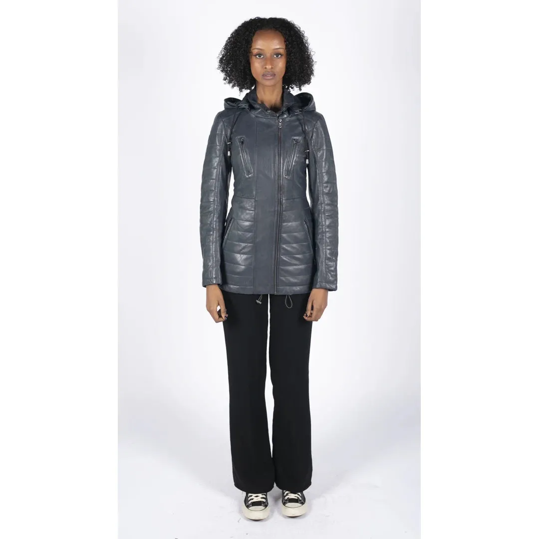 Women's Leather Parka Jacket 3/4 Fur Hood Zipped Brown Tan Grey
