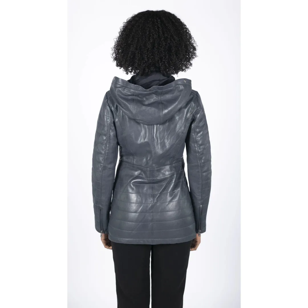 Women's Leather Parka Jacket 3/4 Fur Hood Zipped Brown Tan Grey