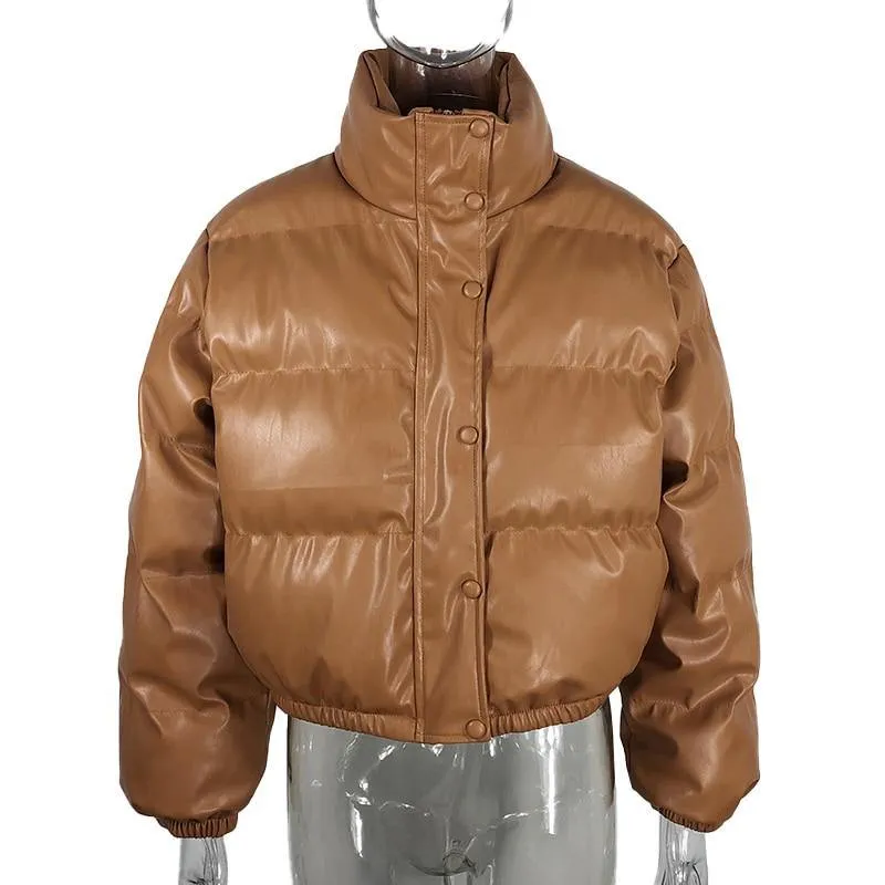 Women's Stand Collar PU Leather Parkas Jacket