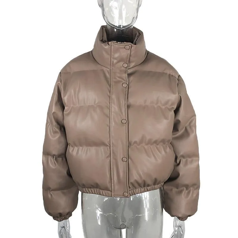 Women's Stand Collar PU Leather Parkas Jacket