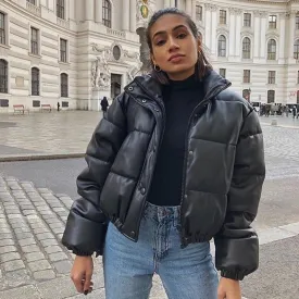 Women's Stand Collar PU Leather Parkas Jacket