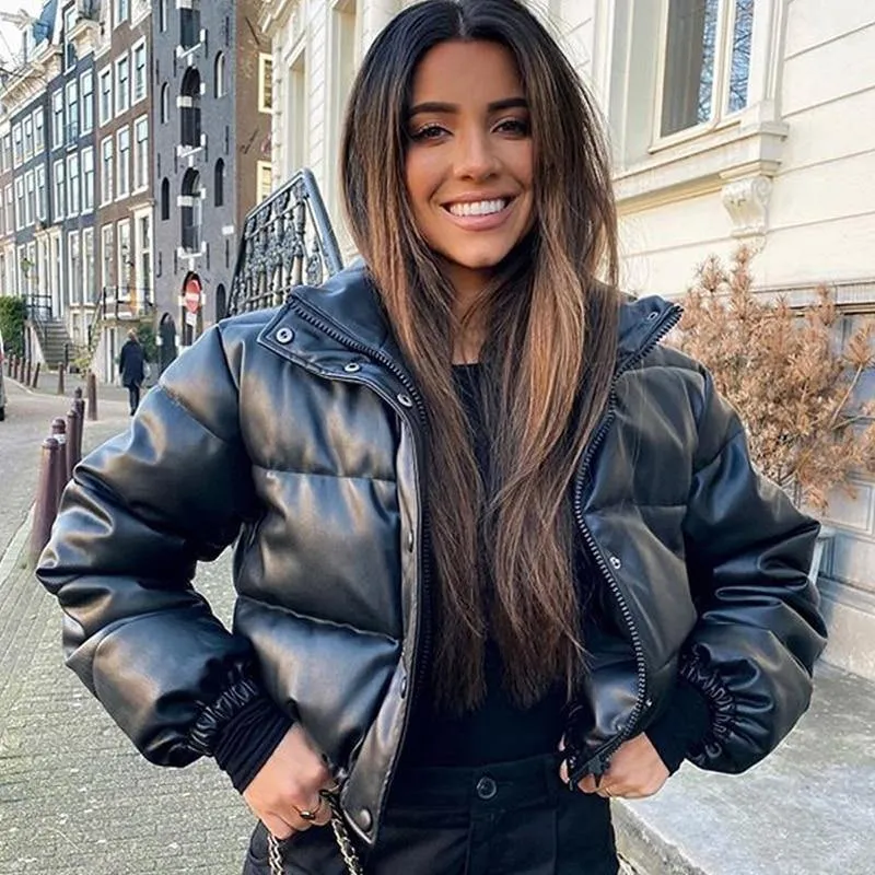 Women's Stand Collar PU Leather Parkas Jacket