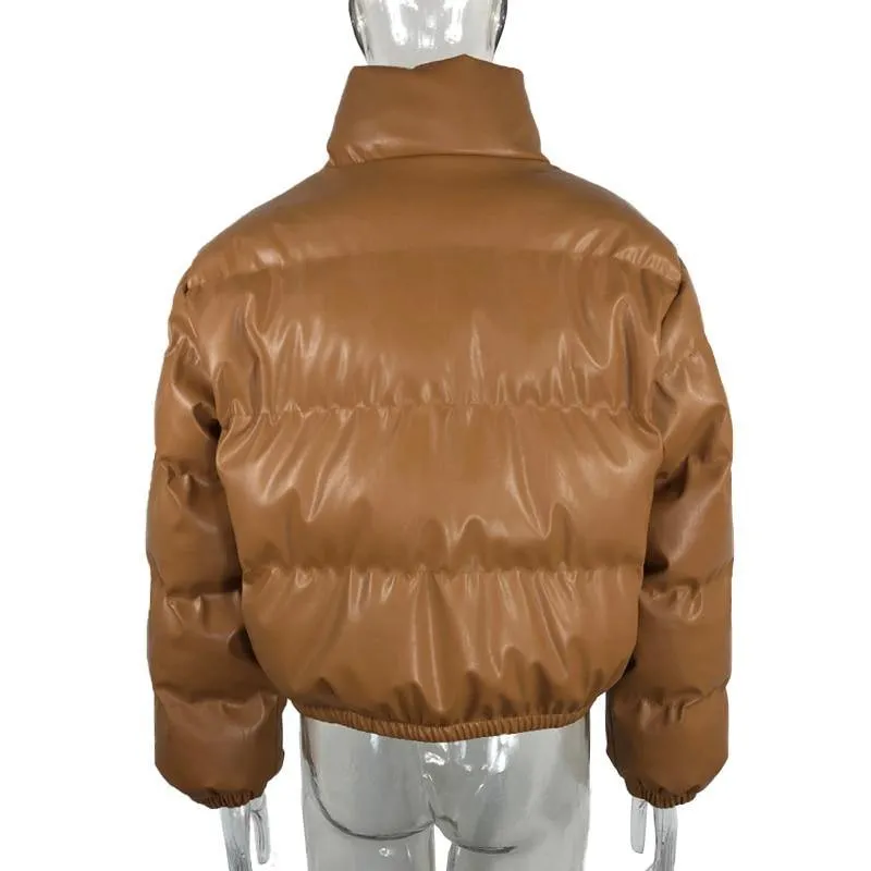 Women's Stand Collar PU Leather Parkas Jacket