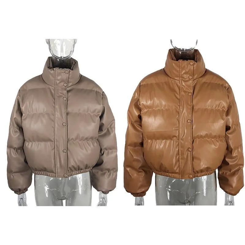 Women's Stand Collar PU Leather Parkas Jacket