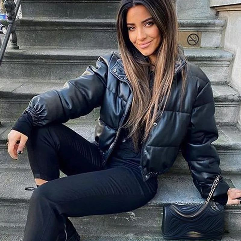 Women's Stand Collar PU Leather Parkas Jacket